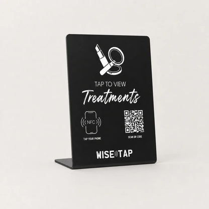 Treatment Menu NFC Stand front TAP TO VIEW Treatments NFC QR WiseTap