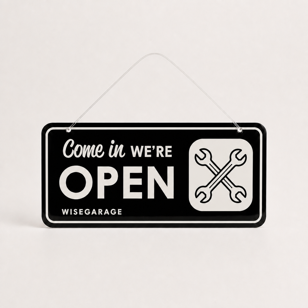 Vehicle Repair Shop Custom Acrylic Open Closed Sign WiseTap black / white Come in WE ARE OPEN