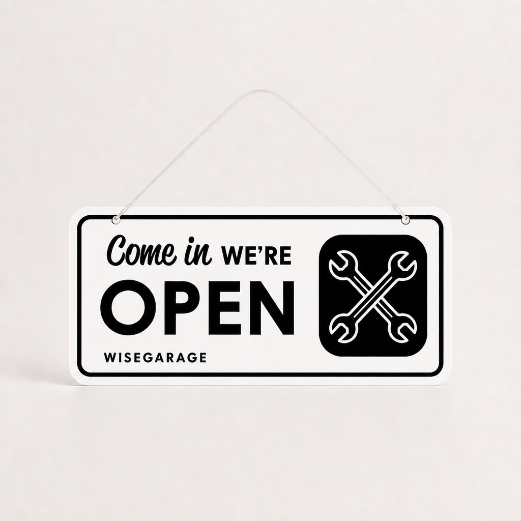 Vehicle Repair Shop Custom Acrylic Open Closed Sign WiseTap white / black Come in WE ARE OPEN