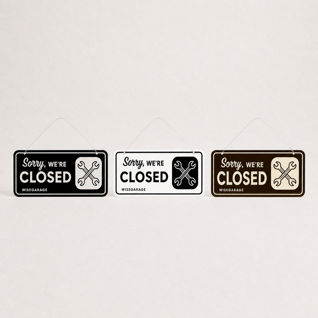 Vehicle Repair Shop Custom Acrylic Open Closed Sign WiseTap black / white, white / black and espresso lineup